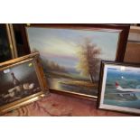 A FRAMED OIL ON CANVAS OF A RIVER SCENE SIGNED JENKINS, TOGETHER WITH A STILL LIFE PRINT AND A