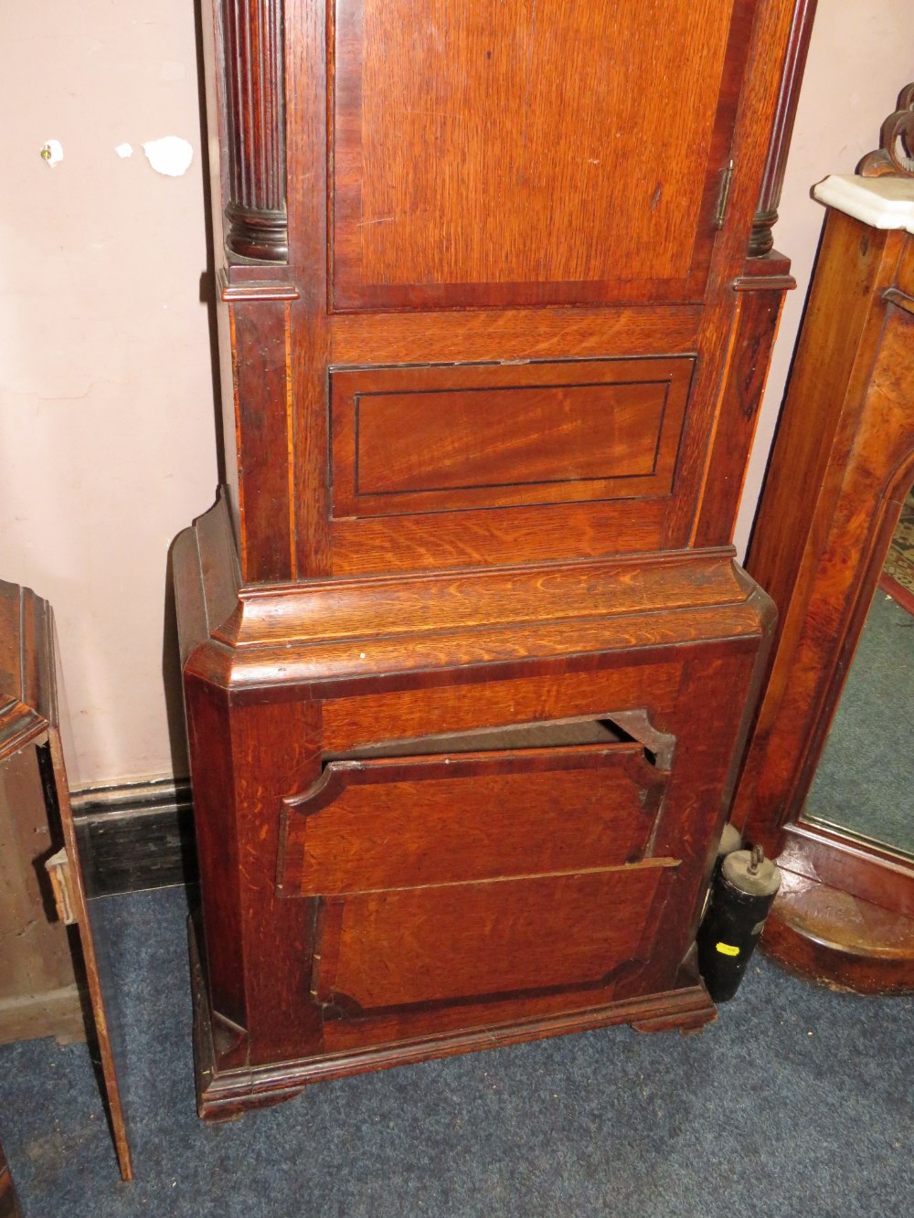 A 19TH CENTURY OAK AND MAHOGANY EIGHT DAY GRANDFATHER CLOCK BY A DUTTON OF HANLEN? PENDULUM AND - Image 3 of 9