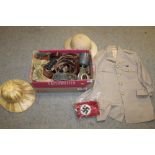 A BOX OF MILITARIA TO INCLUDE WWII GAS MASKS, WEBBING, PITH HAT ETC.