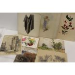 A QUANTITY OF VINTAGE AND ANTIQUE UNFRAMED WATERCOLOURS, PENCIL DRAWINGS AND PRINTS ETC.