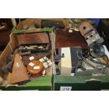 TWO TRAYS OF VINTAGE COLLECTABLES TO INCLUDE A REFULGENT MAGIC LANTERN LAMP, METRONOME, PLAYING