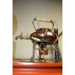 AN UNUSUAL VINTAGE COPPER SPIRIT KETTLE - ONE HANDLE BROKEN HEIGHT - 36CM