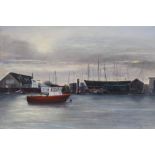 A FRAMED OIL ON CANVAS ENTITLED HARBOUR AT DAWN BY GWENDOLINE SPENCER MONOGRAMMED LOWER RIGHT 29CM X