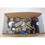 A BOX OF COLLECTABLES TO INCLUDE VESTA CASES, SNUFF BOXES, WATCH PARTS ETC.