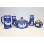 A COLLECTION OF VINTAGE BLUE DIPPED WEDGWOOD JASPERWARE TO INCLUDE A PIGEON PATTERN TEAPOT AND