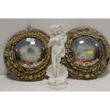 TWO SEA SHELL FRAMED DIORAMAS TOGETHER WITH A CORAL FIGURE OF A LADY