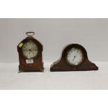 TWO EDWARDIAN MAHOGANY INLAID MANTEL CLOCKS TO INCLUDE A BAYARD EXAMPLE