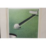 A FRAMED AND GLAZED SIGNED LIMITED EDITION PRINT ENTITLED GOLF III 163/350 BY RENI BOIN '87 20CM X