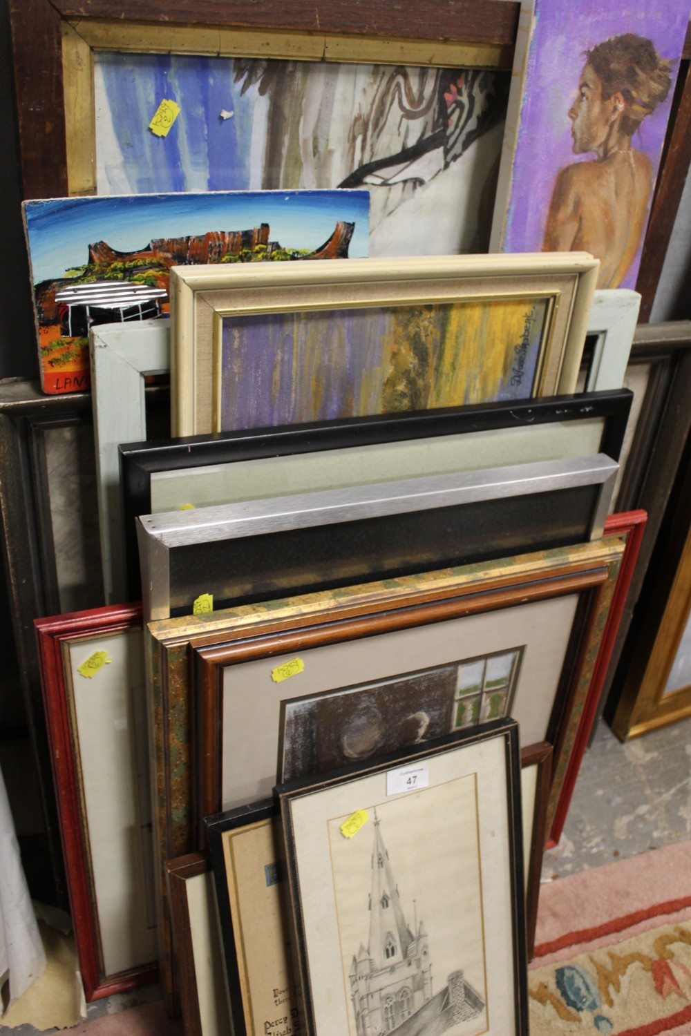 A LARGE QUANTITY OF FRAMED OIL PAINTINGS, WATERCOLOURS, PRINTS AND FRAMES ETC.