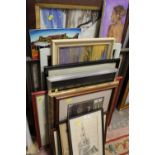 A LARGE QUANTITY OF FRAMED OIL PAINTINGS, WATERCOLOURS, PRINTS AND FRAMES ETC.