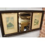 A VINTAGE WALL MIRROR FLANKED BY PRINTS OVERALL SIZE -43CM X 83CM