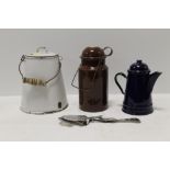 THREE VINTAGE ENAMELLED ITEMS TOGETHER WITH A SILVER PLATED SERVER