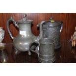 THREE ANTIQUE PEWTER ITEMS TO INCLUDE A TEAPOT.