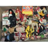 A TRAY OF VINTAGE DOLLS, BOXED HUMMING TOP ETC