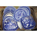FIVE TRAYS OF BLUE AND WHITE CHINA AND A SMALL QUANTITY OF JASPERWARE