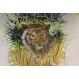 FIVE ASSORTED UNFRAMED IMPRESSIONIST OIL PAINTINGS TO INCLUDE A STUDY OF A TIGER SIGNED PETER TAYLER