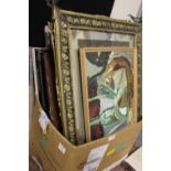 A BOX OF VINTAGE PICTURE FRAMES, MIRRORS AND PRINTS ETC.