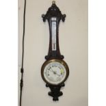 AN ANTIQUE CARVED OAK ONION SHAPED BAROMETER H-87CM