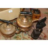 TWO BOXES OF COPPER AND BRASS TO INCLUDE A BRASS ROCKING CHAIR ORNAMENT, COPPER KETTLES ETC