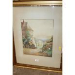 A PAIR OF FRAMED AND GLAZED WATERCOLOURS ONE OF FIGURES FEEDING RABBITS, THE OTHER OF A BASKET