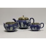 A VINTAGE BLUE DIPPED WEDGWOOD JASPERWARE THREE PIECE TEA SERVICE WITH SILVER PLATED RIMS