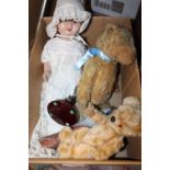 TWO BOXES OF VINTAGE DOLLS AND TEDDY BEARS ETC.