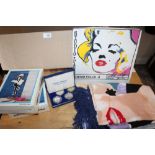 TWO BOXED MARILYN MONROE PENDULUM CLOCKS, TOGETHER WITH ANOTHER (3) A BOX OF MARILYN MONROE TEXTILES