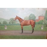 A GILT FRAMED OIL ON CANVAS OF A HORSE IN A COUNTRY GARDEN SIGNED E. LONGUEVILLE LOWER RIGHT 30CM