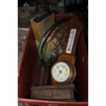 A BOX OF COLLECTABLES AND TREEN TO INCLUDE A CARVED OAK WALL BAROMETER, ART DECO OAK PICTURE