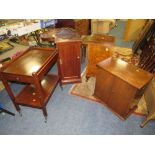 A VINTAGE WALNUT POT CUPBOARD TOGETHER WITH A MAHOGANY EXAMPLE, SERVING TROLLEY AND TWO DOOR CABINET