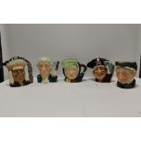 FIVE LARGE ROYAL DOULTON CHARACTER JUGS TO INCLUDE NORTH AMERICAN INDIAN, APOTHECARY ETC.