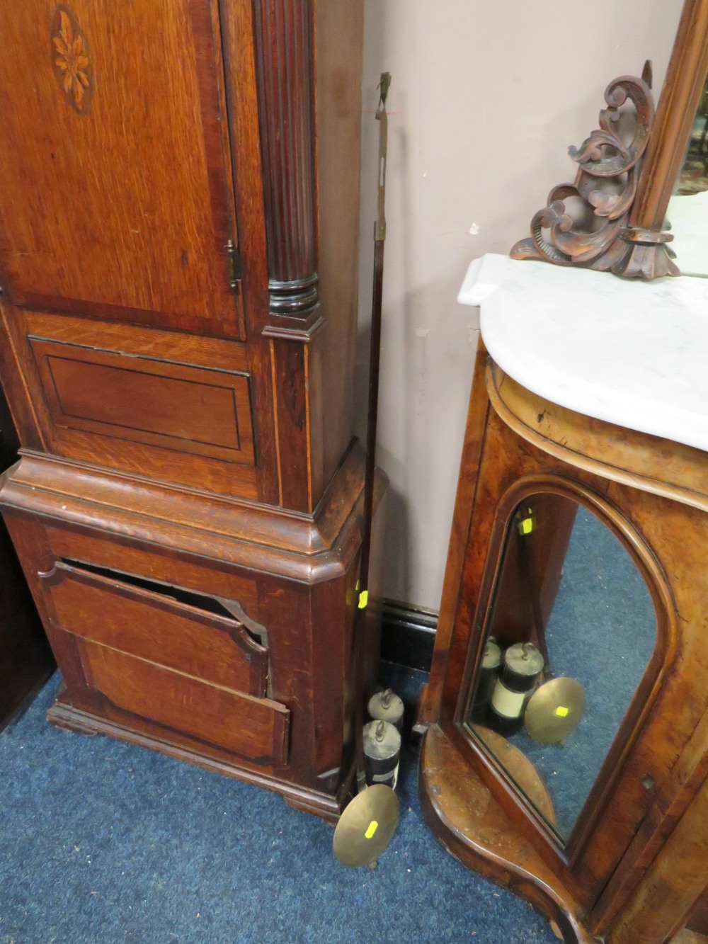 A 19TH CENTURY OAK AND MAHOGANY EIGHT DAY GRANDFATHER CLOCK BY A DUTTON OF HANLEN? PENDULUM AND - Image 9 of 9