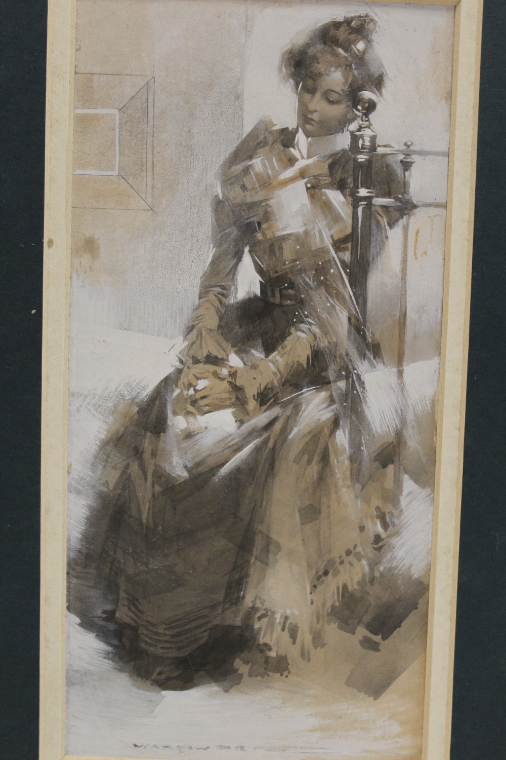 AN UNFRAMED MOUNTED WATERCOLOUR FULL LENGTH PORTRAIT STUDY OF A SEATED LADY INDISTINCTLY SIGNED