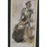 AN UNFRAMED MOUNTED WATERCOLOUR FULL LENGTH PORTRAIT STUDY OF A SEATED LADY INDISTINCTLY SIGNED