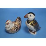 A ROYAL CROWN DERBY PUFFIN AND A ROYAL CROWN DERBY CHICKEN