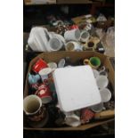 TWO TRAYS OF CERAMICS TO INCLUDE COLLECTORS PLATES, MUGS ETC