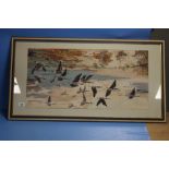 A TAPESTRY PICTURE OF CANADIAN GEESE ALONG WITH A FIRESCREEN