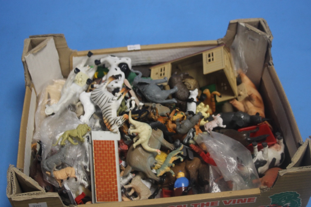 A QUANTITY OF PLASTIC FARM ANIMALS, BUILDINGS ETC