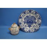 A DELFT BLUE AND WHITE PLATE TOGETHER WITH A TWIN HANDLED LIDDED POT