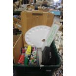 A TRAY OF ARTISTS SUPPLIES TO INCLUDE AN EASEL BOX AND ARTICULATED FIGURE ETC