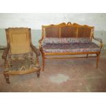 A WOODEN 3 SEATER SOFA AND A CHAIR A/F