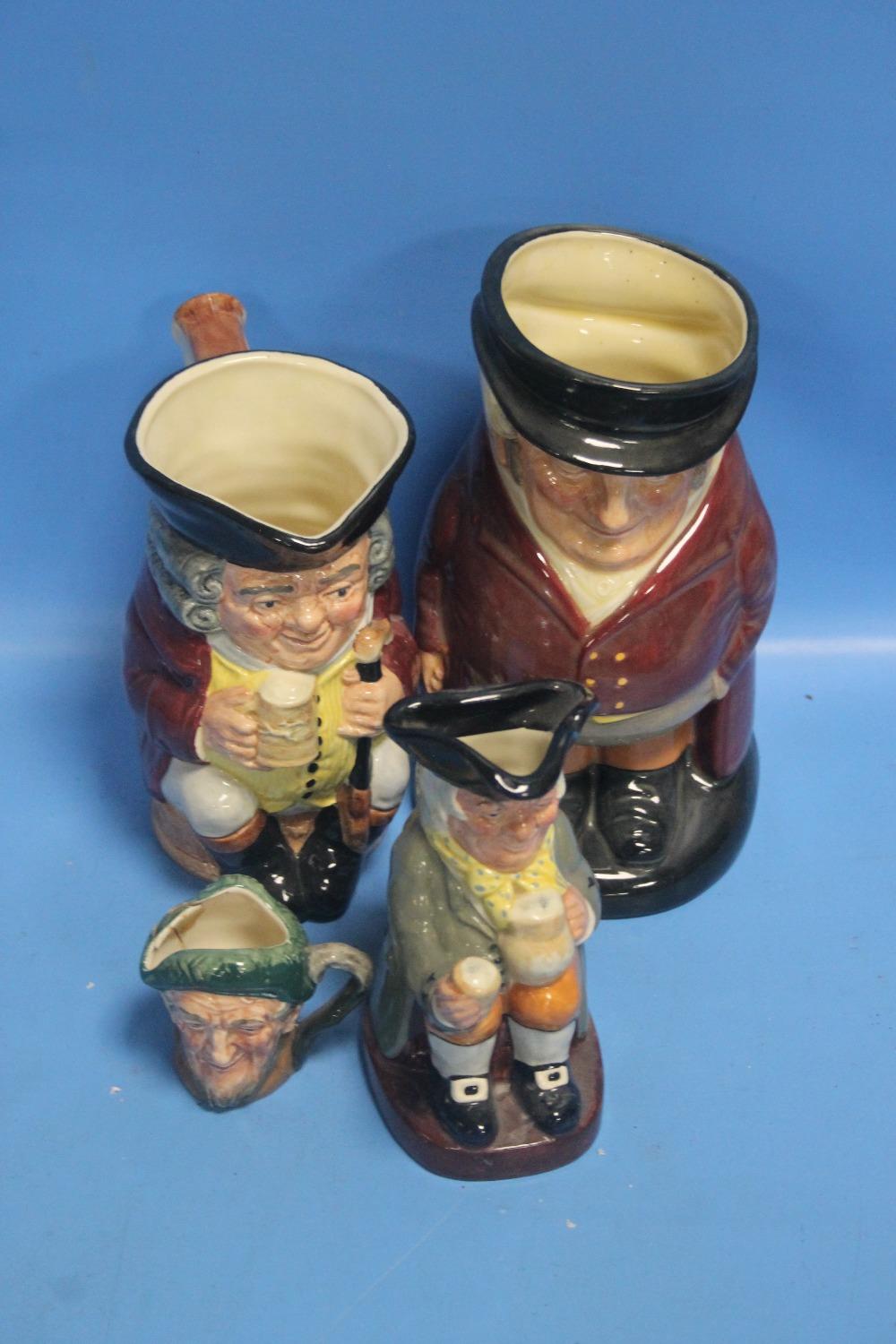 A COLLECTION OF THREE ROYAL DOULTON TOBY JUGS - 'THE HUNTSMAN', 'HAPPY JOHN', 'JOLLY TOBY' AND SMALL