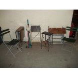 A SELECTION OF 7 ITEMS TO INCLUDE STOOLS, A RETRO TABLE A LAWN EDGER, 2 FOLDING CHAIRS ETC