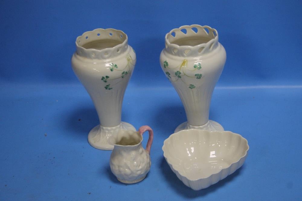 TWO BELLEEK VASES TOGETHER WITH A DISH AND A JUG