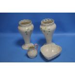 TWO BELLEEK VASES TOGETHER WITH A DISH AND A JUG