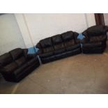 A BLACK LEATHER 3 PIECE SUITE , A 3 SEATER, 2 SEATER AND A RECLINER CHAIR