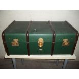 A GREEN WOODEN BANDED TRAVEL TRUNK