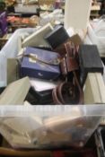 A BOX OF PERFUMES, HANDBAGS AND COSTUME JEWELRY ETC