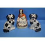 THREE ANTIQUE STAFFORDSHIRE FIGURES Condition Report:ONE SPANIEL HAS A HAIRLINE CRACK THROUGHOUT ,