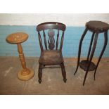 THREE ITEMS TO INCLUDE A PLANT STAND, A TORCHERE AND AN ANTIQUE CHAIR